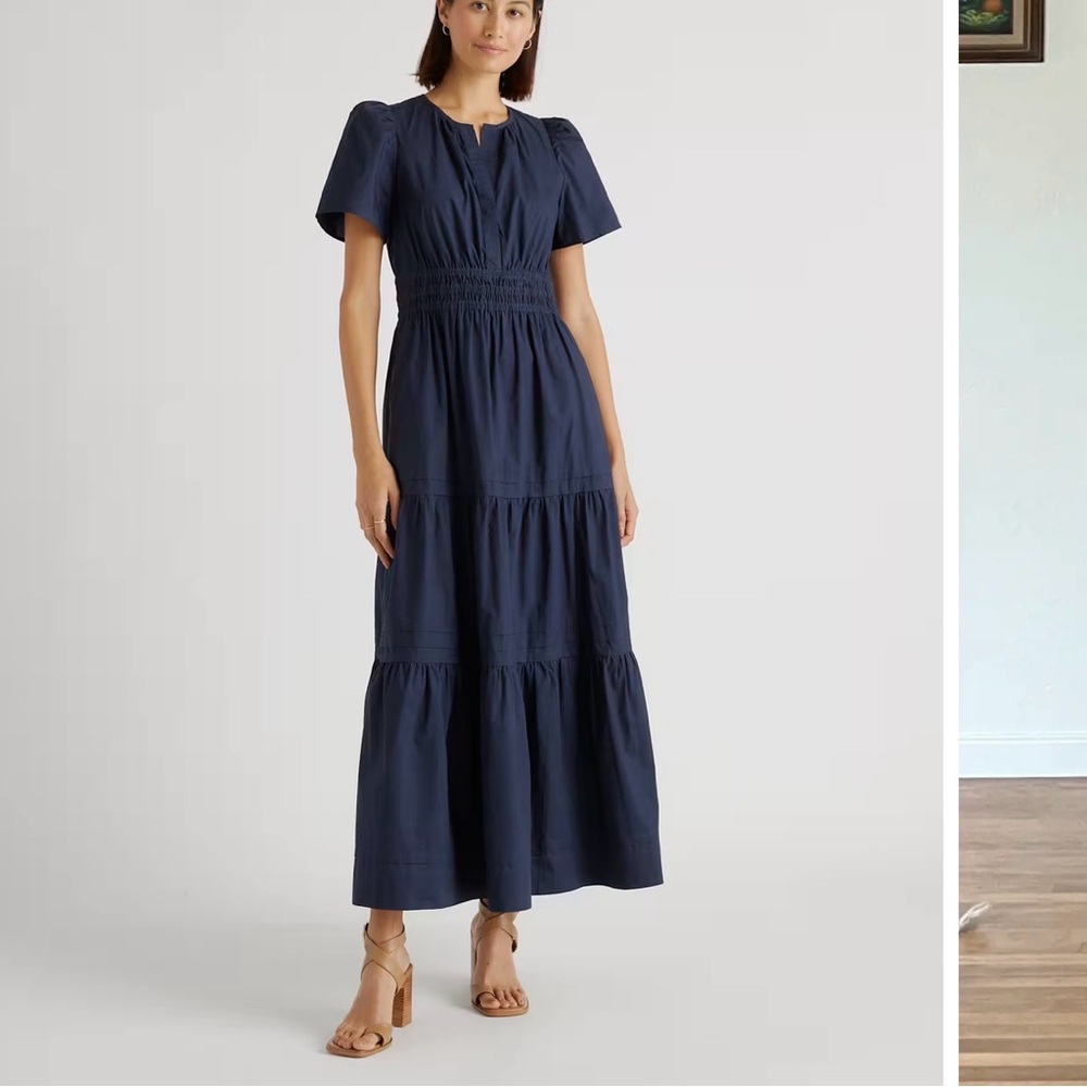 Quince Poplin Tiered Maxi Dress in Navy